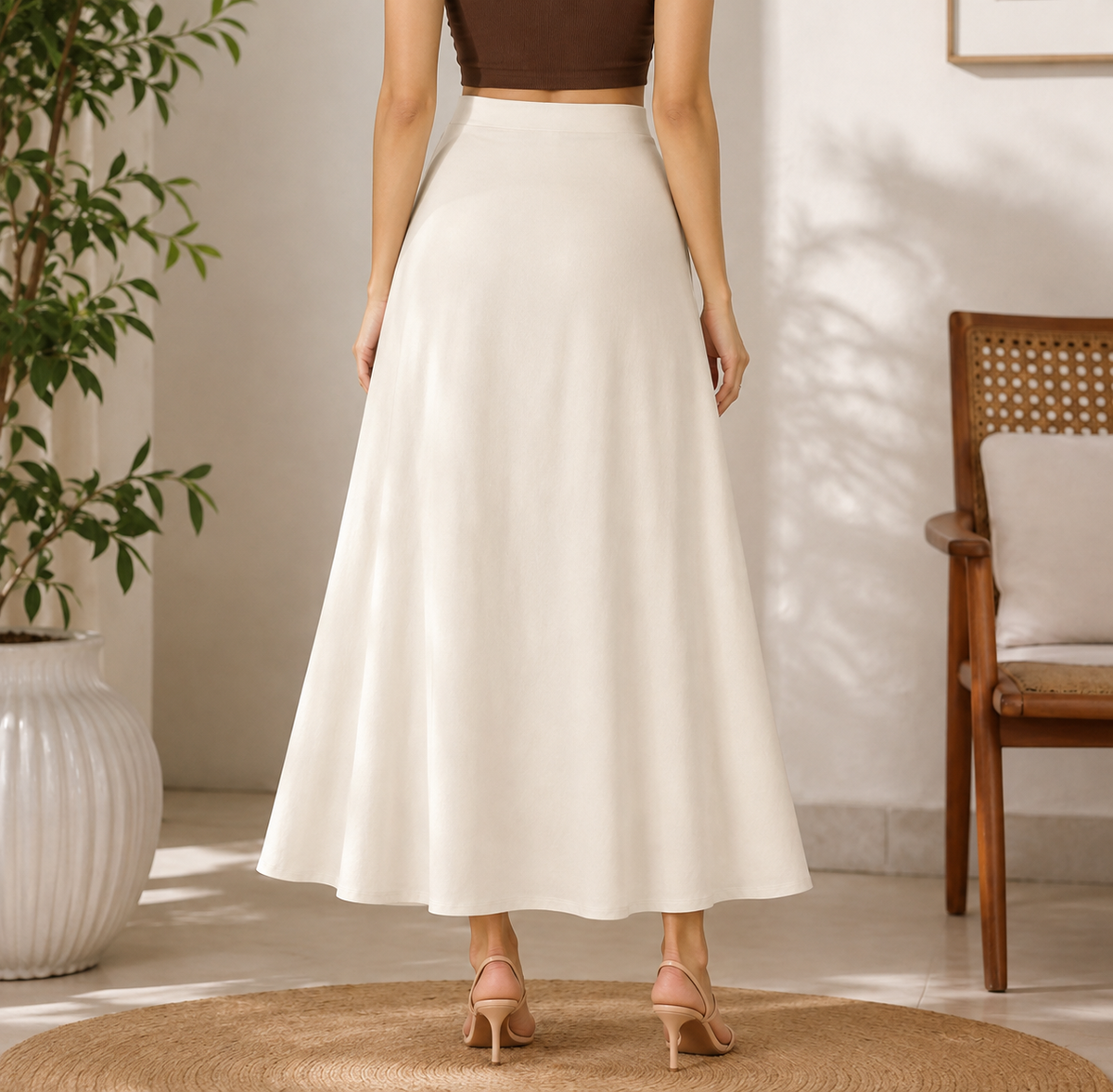 Cream Linen Blend Flared Maxi Skirt | High Waist A-Line Long Skirt | Comfortable & Elegant Casual Wear