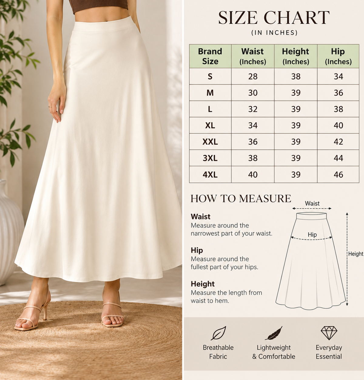 Cream Linen Blend Flared Maxi Skirt | High Waist A-Line Long Skirt | Comfortable & Elegant Casual Wear