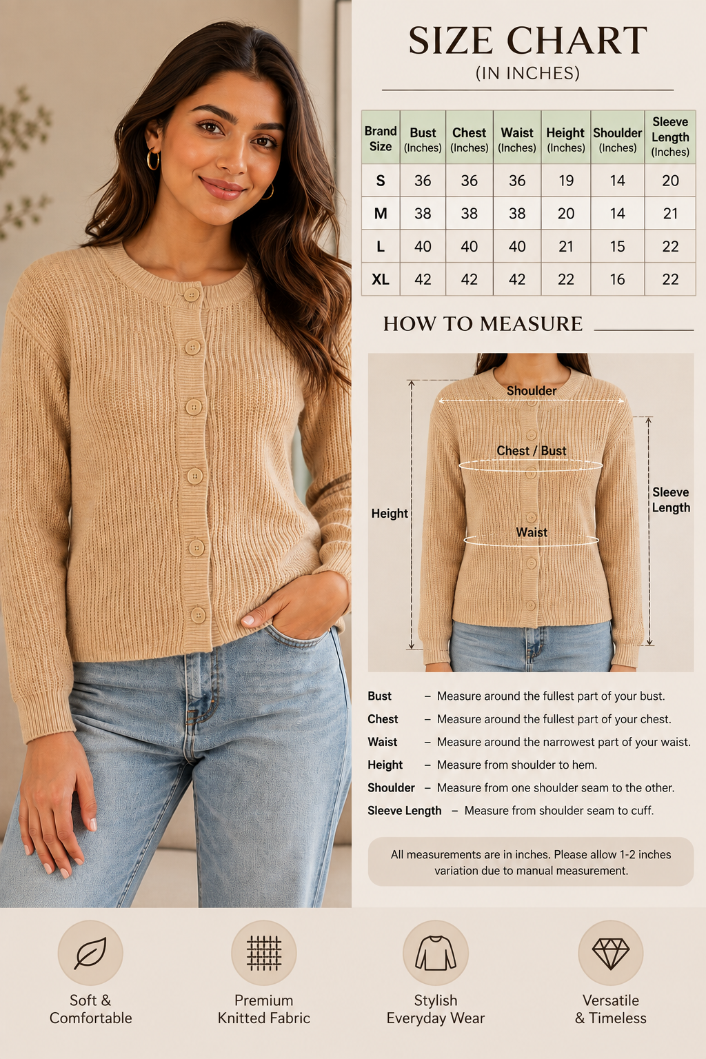 Brown Straight Fit Knitted Cardigan | Full Sleeve Button Front Sweater