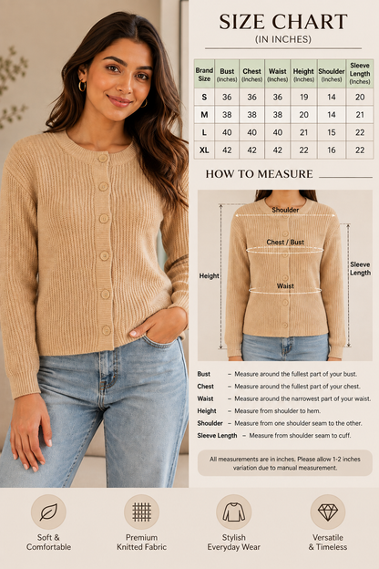 Brown Straight Fit Knitted Cardigan | Full Sleeve Button Front Sweater