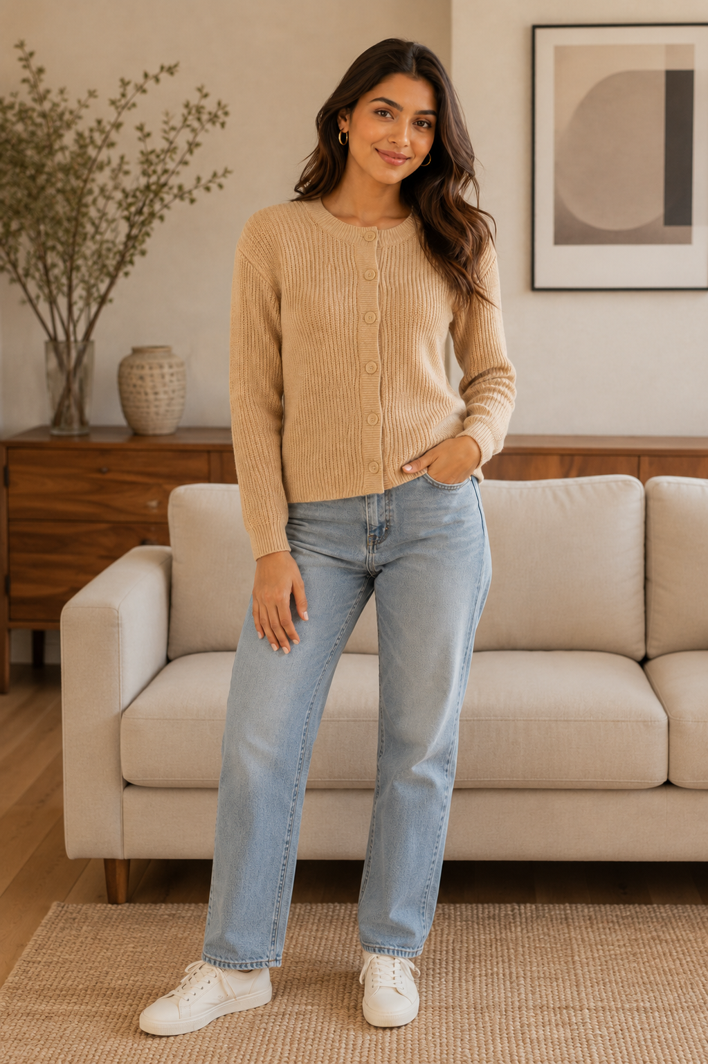Brown Straight Fit Knitted Cardigan | Full Sleeve Button Front Sweater