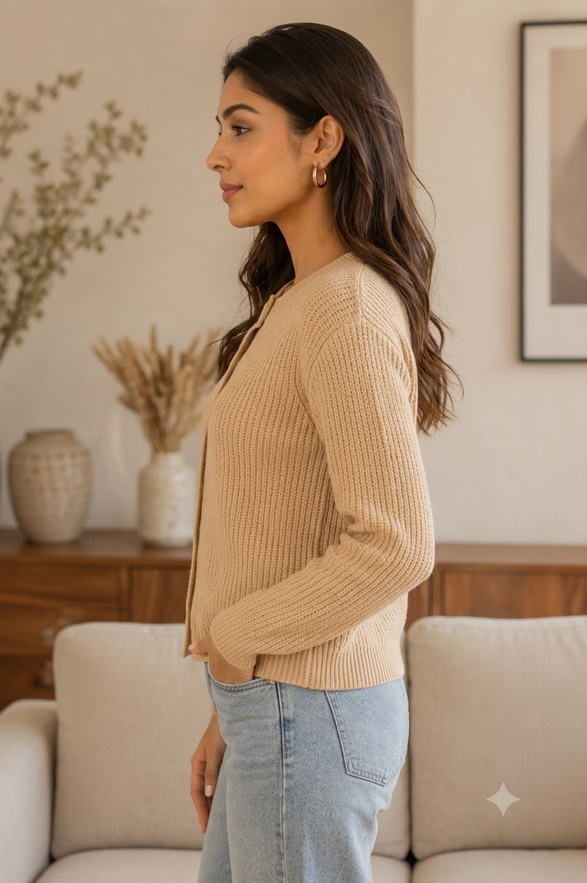 Brown Straight Fit Knitted Cardigan | Full Sleeve Button Front Sweater