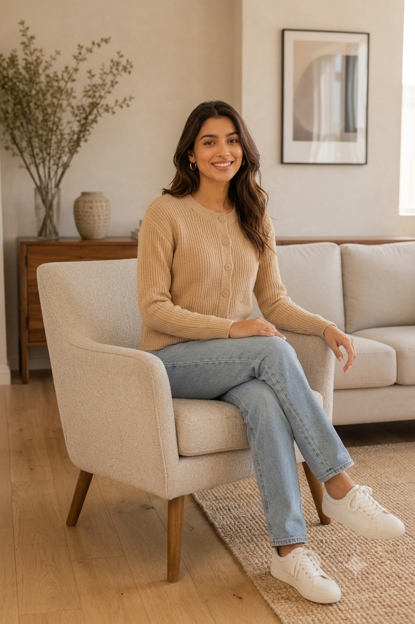 Brown Straight Fit Knitted Cardigan | Full Sleeve Button Front Sweater