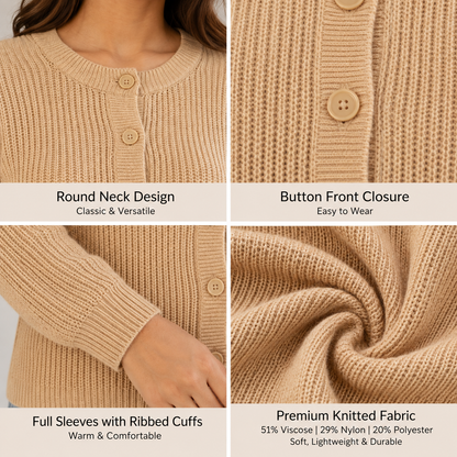 Brown Straight Fit Knitted Cardigan | Full Sleeve Button Front Sweater