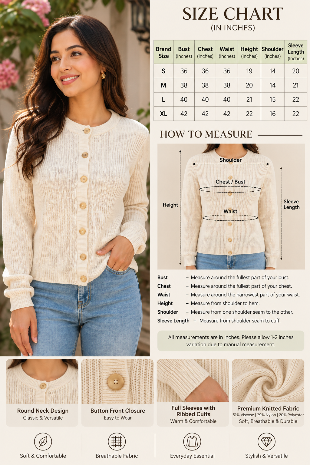 White Straight Fit Knitted Cardigan | Full Sleeve Button Front Sweater
