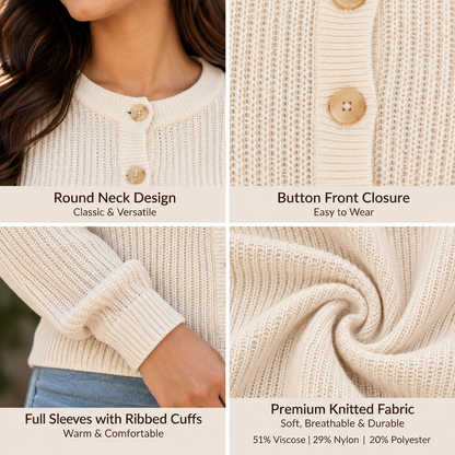 White Straight Fit Knitted Cardigan | Full Sleeve Button Front Sweater