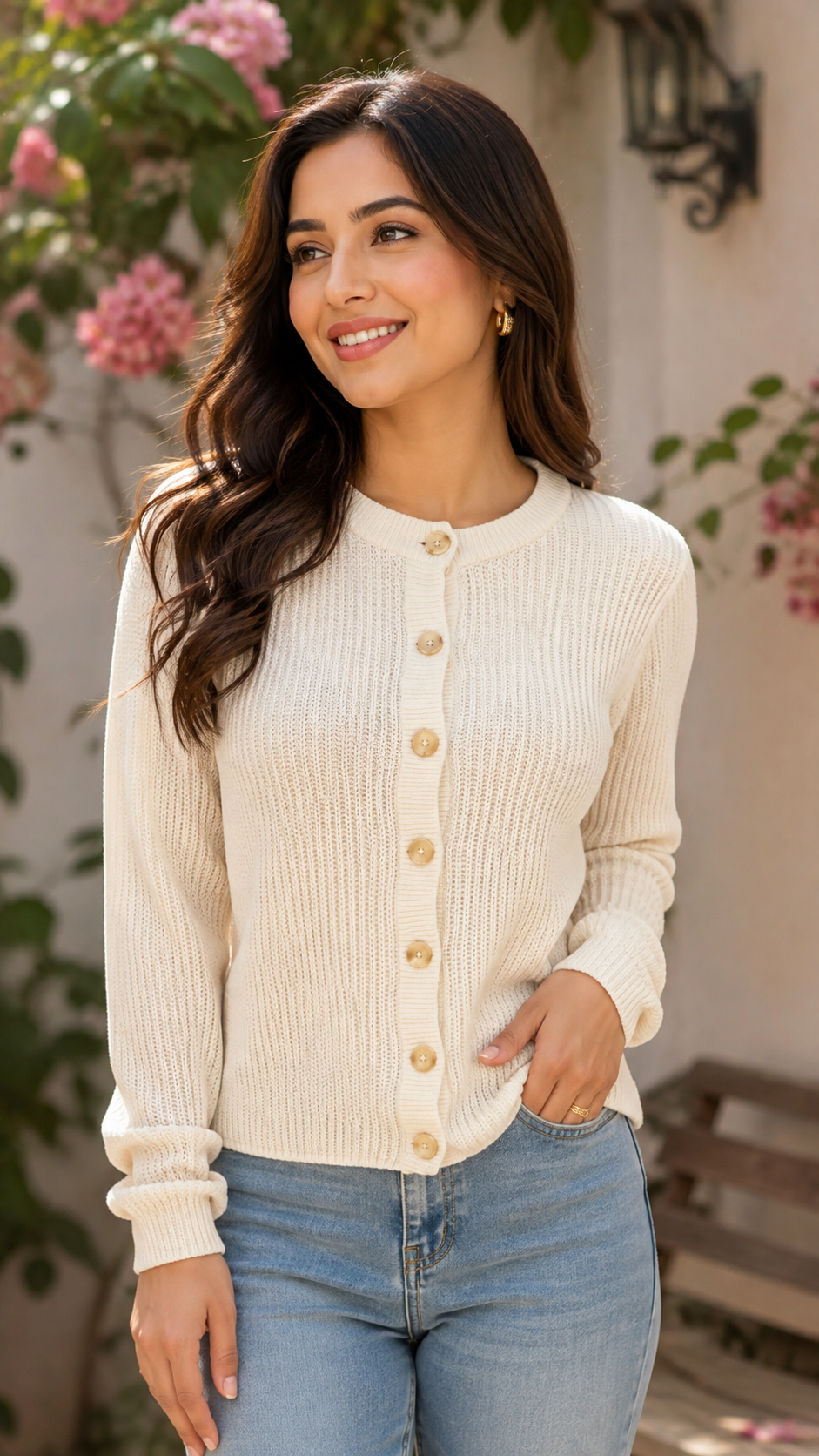 White Straight Fit Knitted Cardigan | Full Sleeve Button Front Sweater