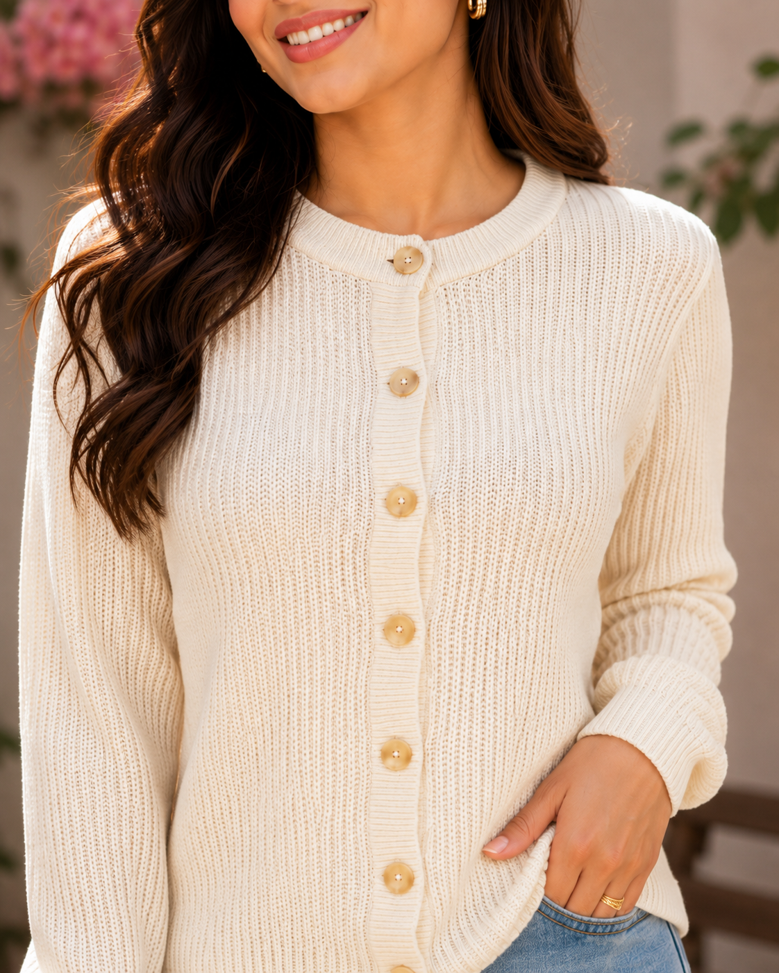 White Straight Fit Knitted Cardigan | Full Sleeve Button Front Sweater