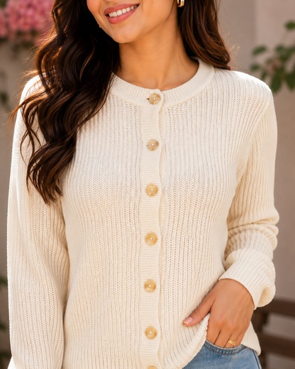 White Straight Fit Knitted Cardigan | Full Sleeve Button Front Sweater