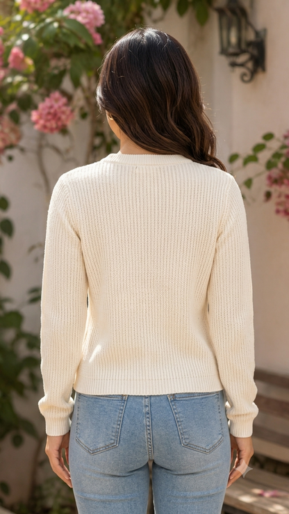 White Straight Fit Knitted Cardigan | Full Sleeve Button Front Sweater