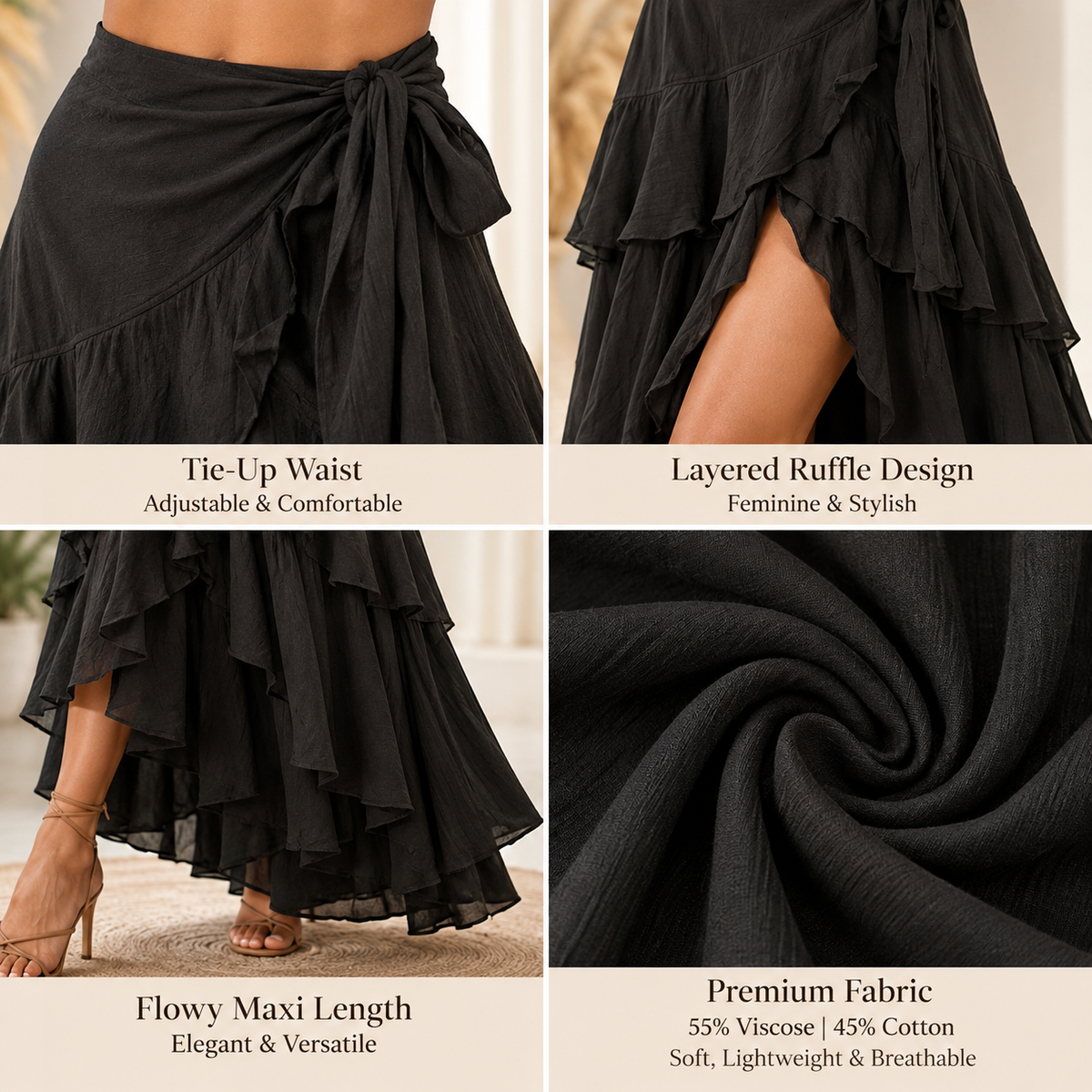 Black Ruffle Wrap Maxi Skirt with Tie-Up Waist | Layered Flared Long Skirt