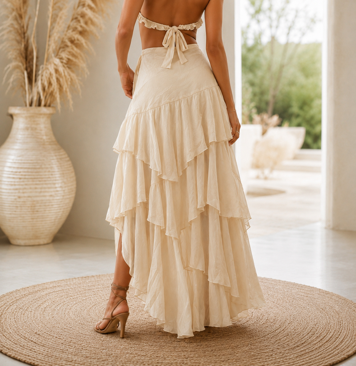 Cream Ruffle Wrap Maxi Skirt with Tie-Up Waist | Layered Flared Long Skirt