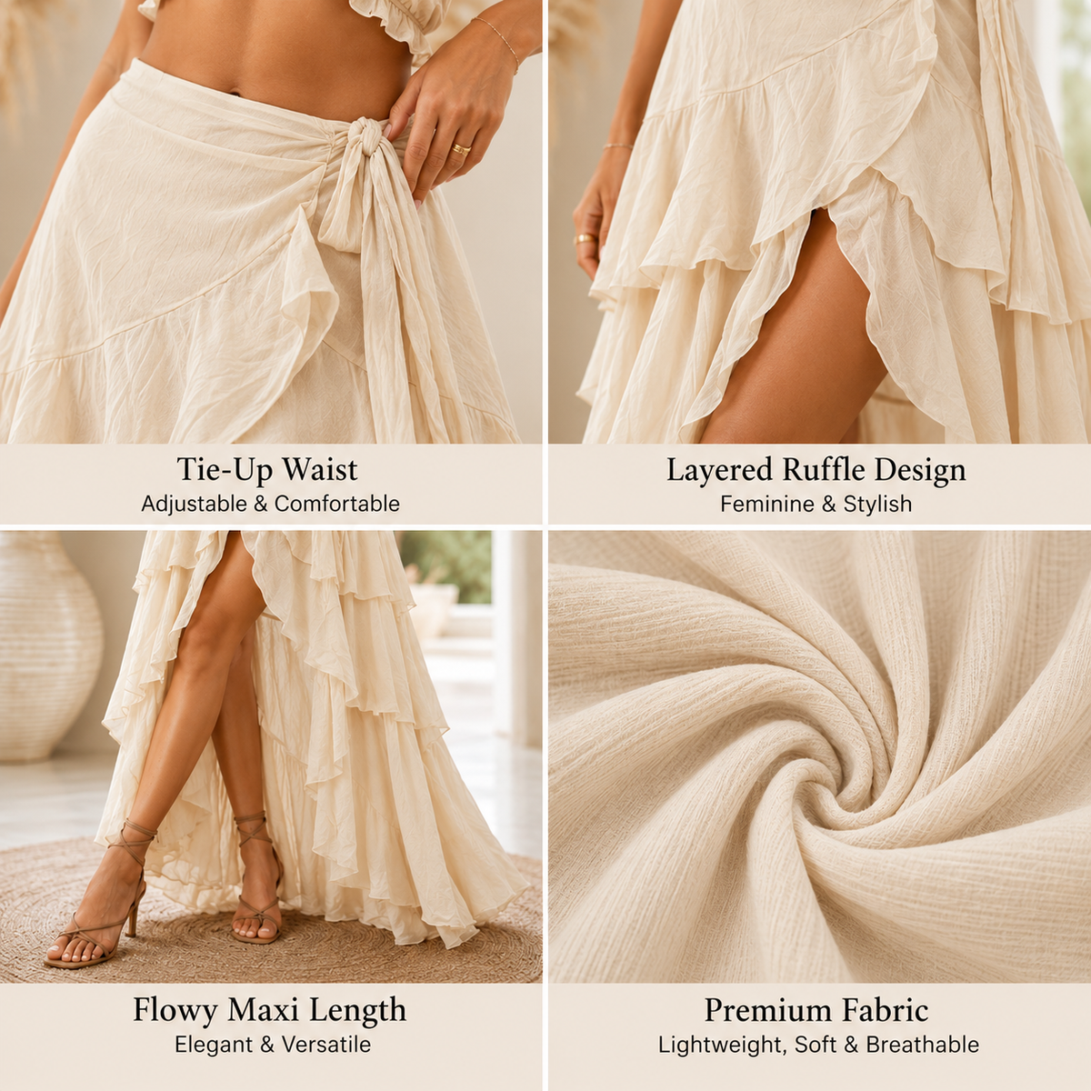 Cream Ruffle Wrap Maxi Skirt with Tie-Up Waist | Layered Flared Long Skirt