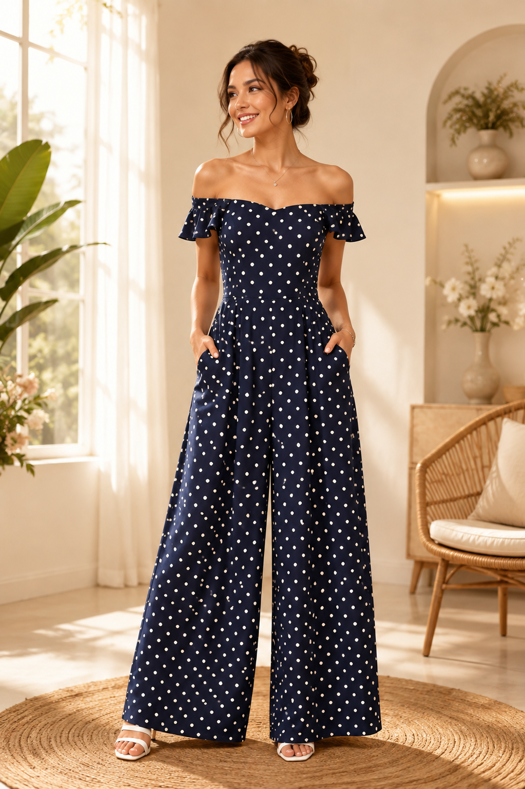 100% Viscose Off Shoulder Wide Leg Jumpsuit with 2 Side Pockets | Polka Dot Printed Casual Jumpsuit |Dark Blue