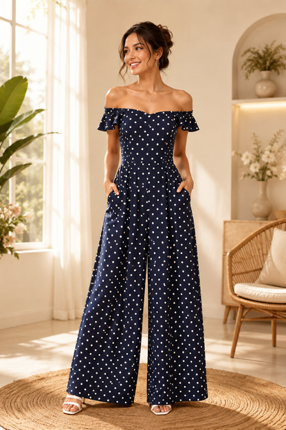 100% Viscose Off Shoulder Wide Leg Jumpsuit with 2 Side Pockets | Polka Dot Printed Casual Jumpsuit |Dark Blue