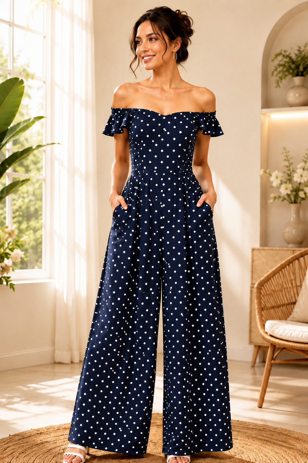 100% Viscose Off Shoulder Wide Leg Jumpsuit with 2 Side Pockets | Polka Dot Printed Casual Jumpsuit |Dark Blue