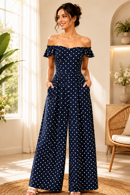 100% Viscose Off Shoulder Wide Leg Jumpsuit with 2 Side Pockets | Polka Dot Printed Casual Jumpsuit |Dark Blue