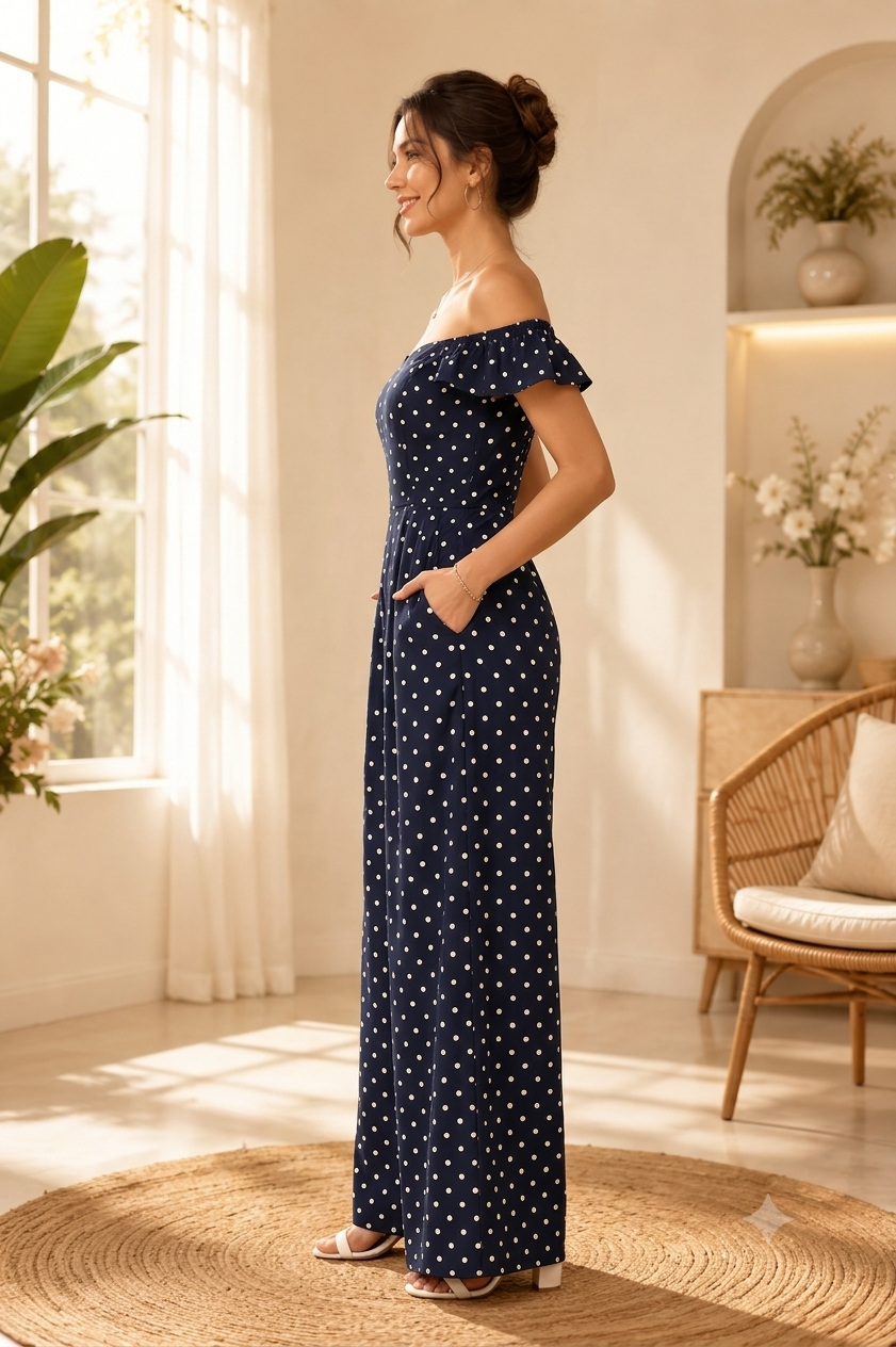 100% Viscose Off Shoulder Wide Leg Jumpsuit with 2 Side Pockets | Polka Dot Printed Casual Jumpsuit |Dark Blue