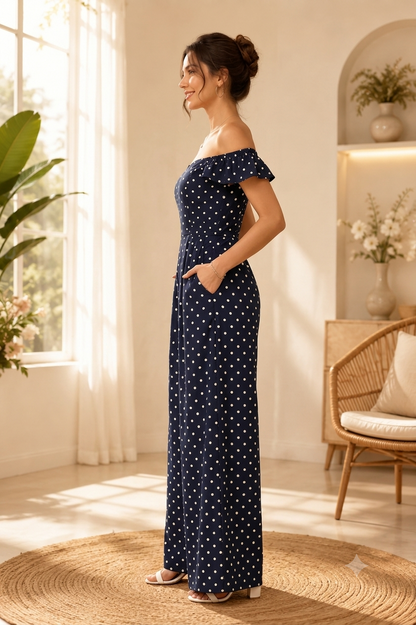 100% Viscose Off Shoulder Wide Leg Jumpsuit with 2 Side Pockets | Polka Dot Printed Casual Jumpsuit |Dark Blue