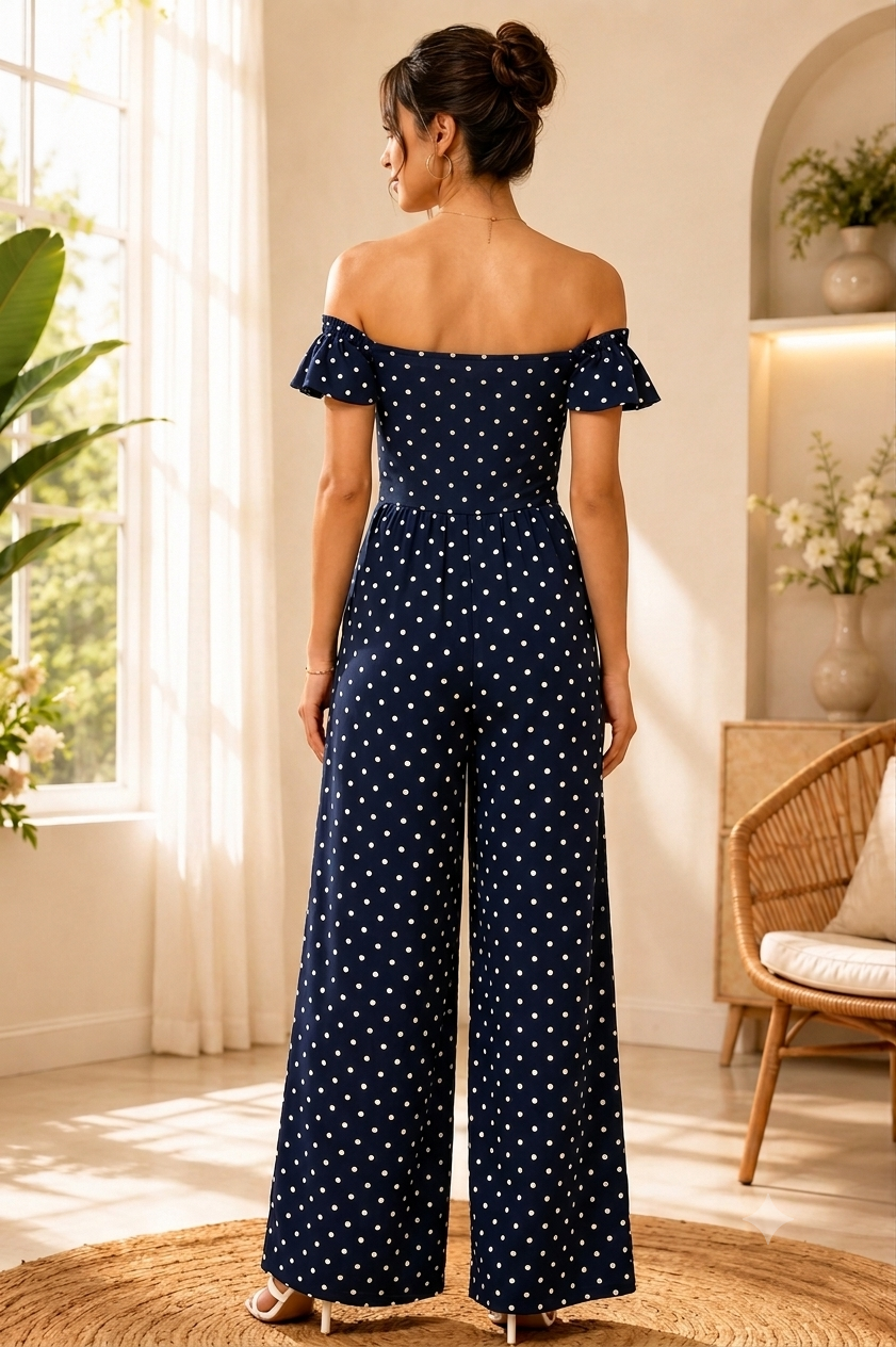 100% Viscose Off Shoulder Wide Leg Jumpsuit with 2 Side Pockets | Polka Dot Printed Casual Jumpsuit |Dark Blue
