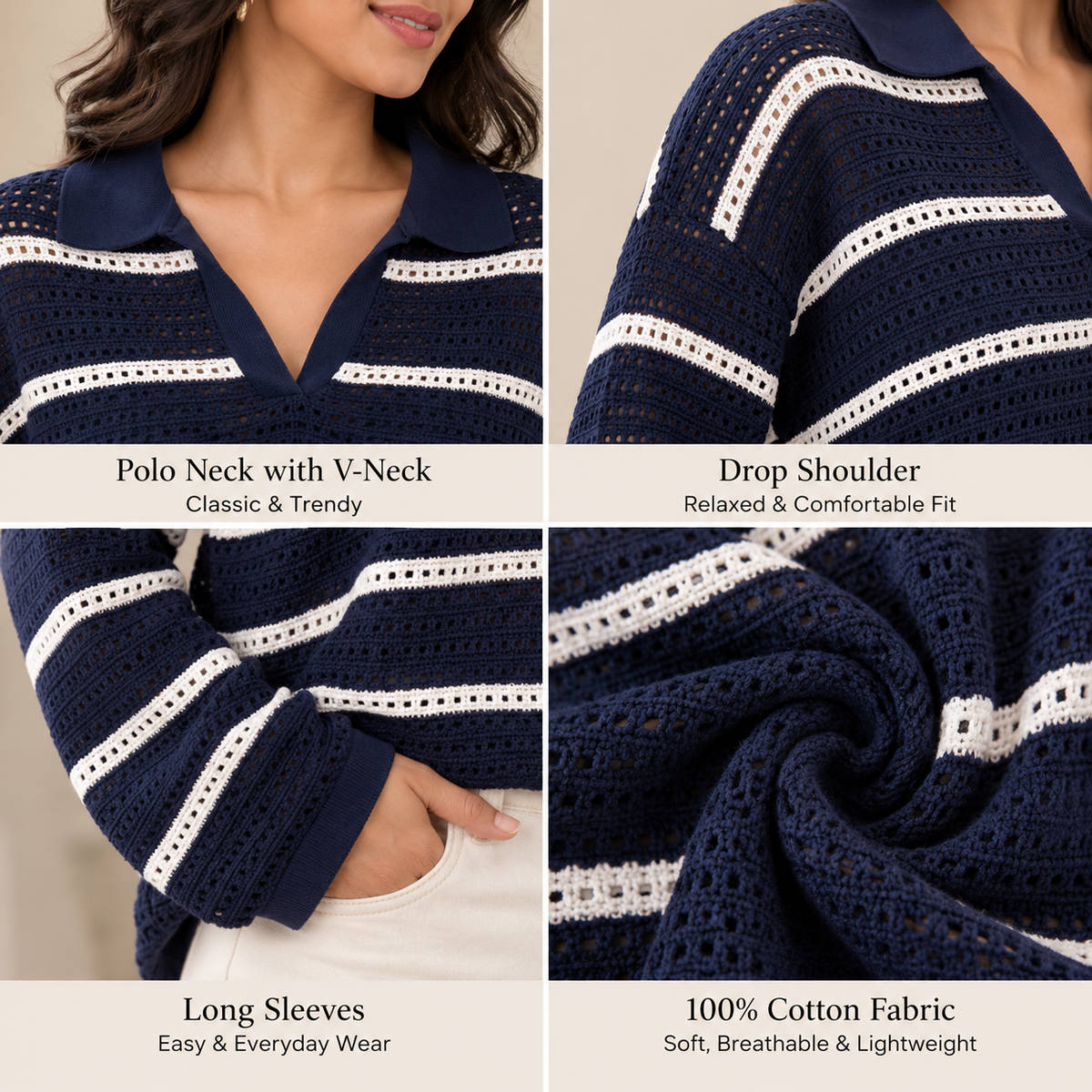 Dark Blue Striped Cotton Polo Neck Relaxed Fit Crochet Top | Stylish Drop Shoulder Casual Sweater for Women