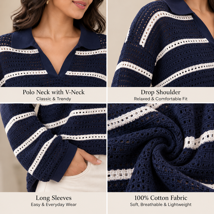 Dark Blue Striped Cotton Polo Neck Relaxed Fit Crochet Top | Stylish Drop Shoulder Casual Sweater for Women