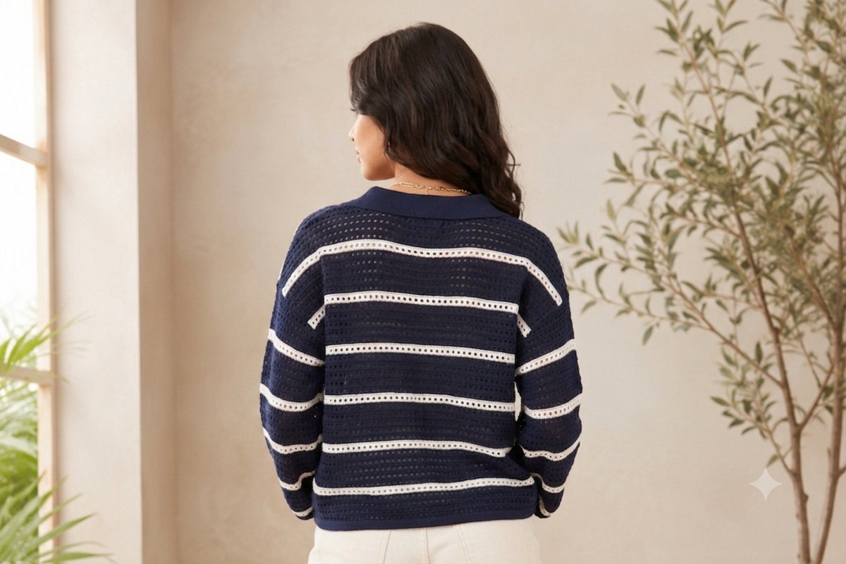 Dark Blue Striped Cotton Polo Neck Relaxed Fit Crochet Top | Stylish Drop Shoulder Casual Sweater for Women