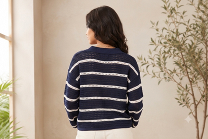 Dark Blue Striped Cotton Polo Neck Relaxed Fit Crochet Top | Stylish Drop Shoulder Casual Sweater for Women