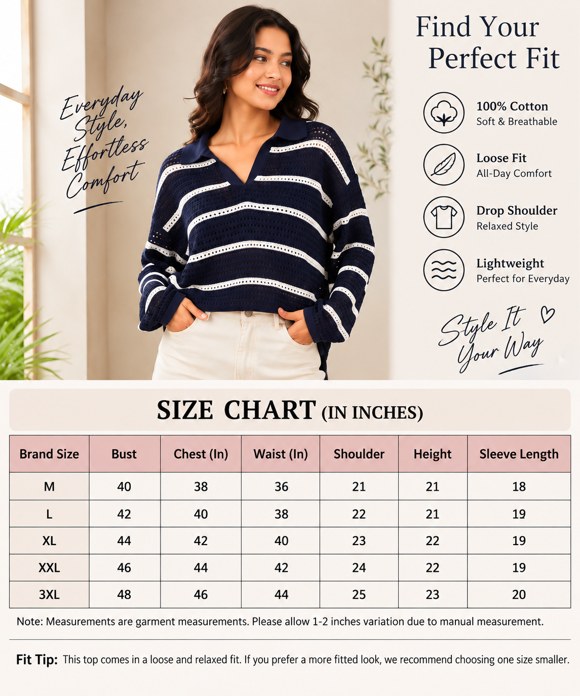 Dark Blue Striped Cotton Polo Neck Relaxed Fit Crochet Top | Stylish Drop Shoulder Casual Sweater for Women