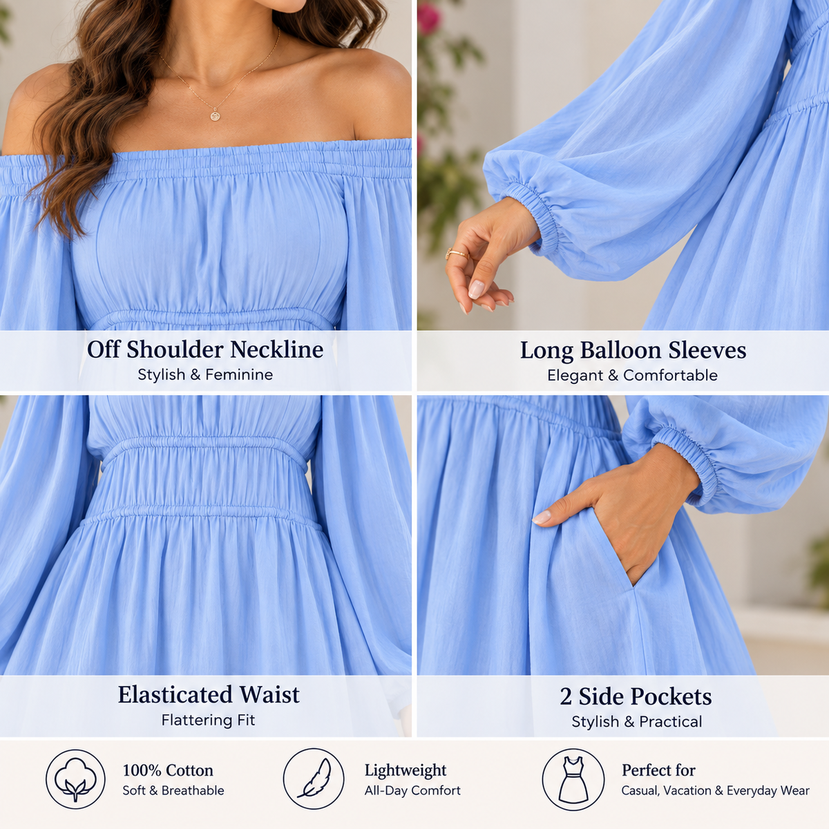 Light Blue Off Shoulder Cotton Mini Dress with Long Sleeves & 2 Side Pockets | Casual Summer Dress
