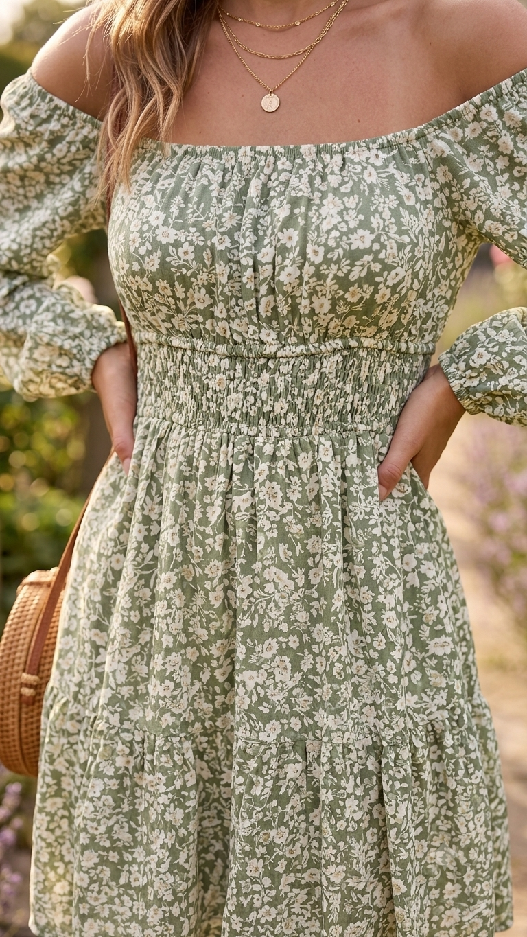 Green Off Shoulder Cotton Mini Dress with Long Sleeves & 2 Side Pockets | Casual Summer Dress