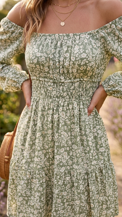 Green Off Shoulder Cotton Mini Dress with Long Sleeves & 2 Side Pockets | Casual Summer Dress