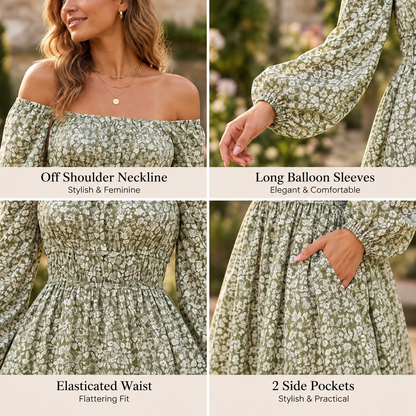 Green Off Shoulder Cotton Mini Dress with Long Sleeves & 2 Side Pockets | Casual Summer Dress