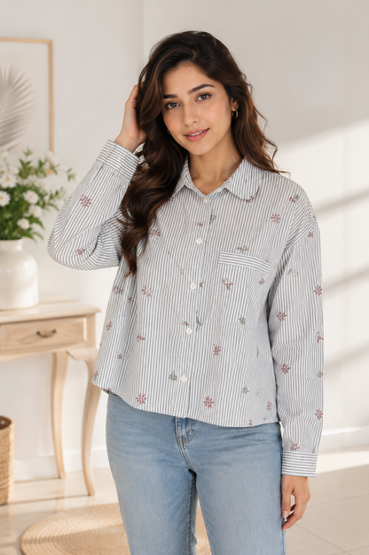 100% Cotton Striped Floral Embroidered Shirt | Relaxed Fit Full Sleeve Casual Button-Down Shirt