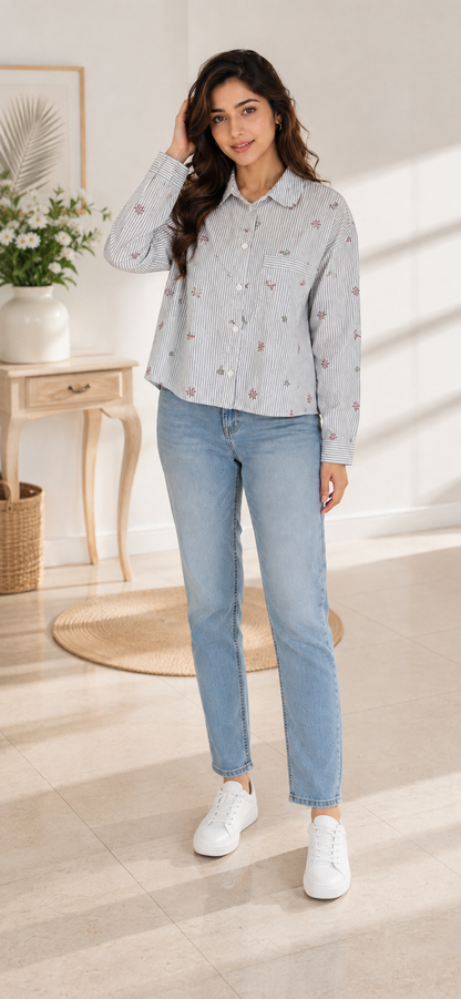 100% Cotton Striped Floral Embroidered Shirt | Relaxed Fit Full Sleeve Casual Button-Down Shirt