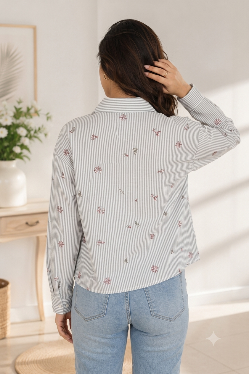 100% Cotton Striped Floral Embroidered Shirt | Relaxed Fit Full Sleeve Casual Button-Down Shirt