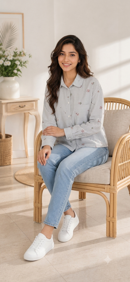 100% Cotton Striped Floral Embroidered Shirt | Relaxed Fit Full Sleeve Casual Button-Down Shirt