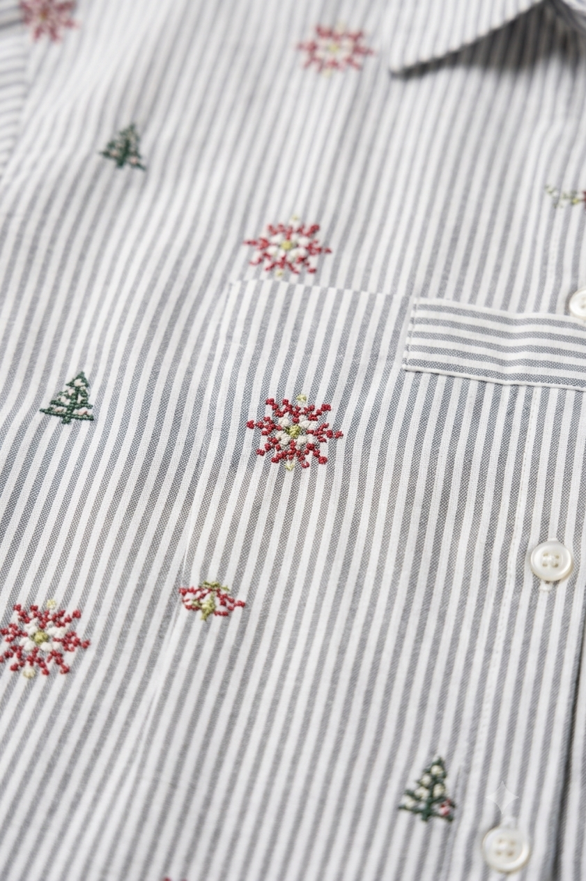 100% Cotton Striped Floral Embroidered Shirt | Relaxed Fit Full Sleeve Casual Button-Down Shirt