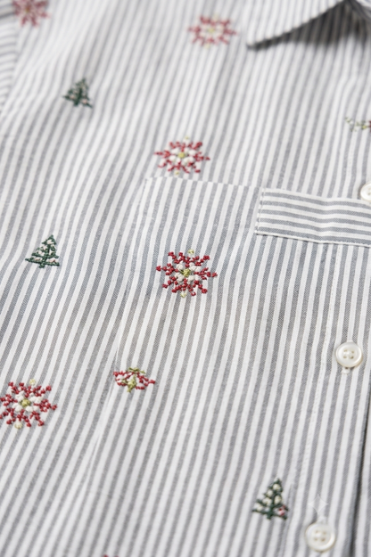 100% Cotton Striped Floral Embroidered Shirt | Relaxed Fit Full Sleeve Casual Button-Down Shirt