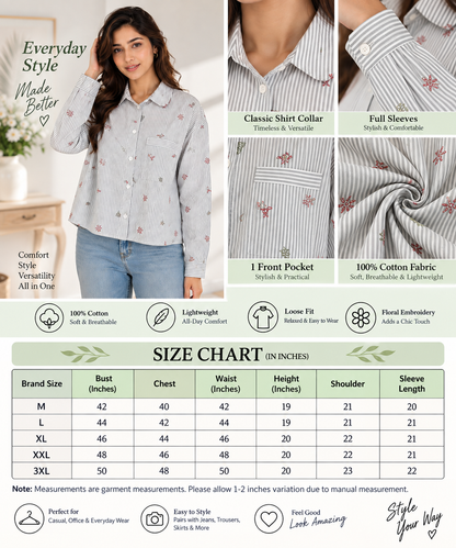 100% Cotton Striped Floral Embroidered Shirt | Relaxed Fit Full Sleeve Casual Button-Down Shirt