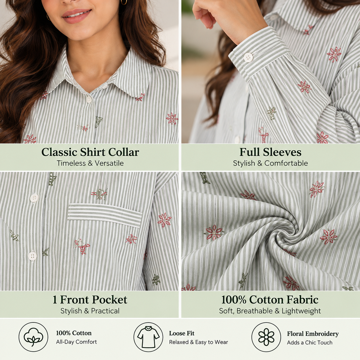 100% Cotton Striped Floral Embroidered Shirt | Relaxed Fit Full Sleeve Casual Button-Down Shirt