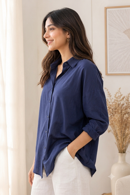 Dark Blue Linen Blend Shirt | Relaxed Loose Fit Full Sleeve Button-Down Casual Shirt