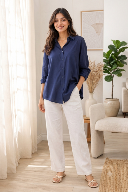 Dark Blue Linen Blend Shirt | Relaxed Loose Fit Full Sleeve Button-Down Casual Shirt