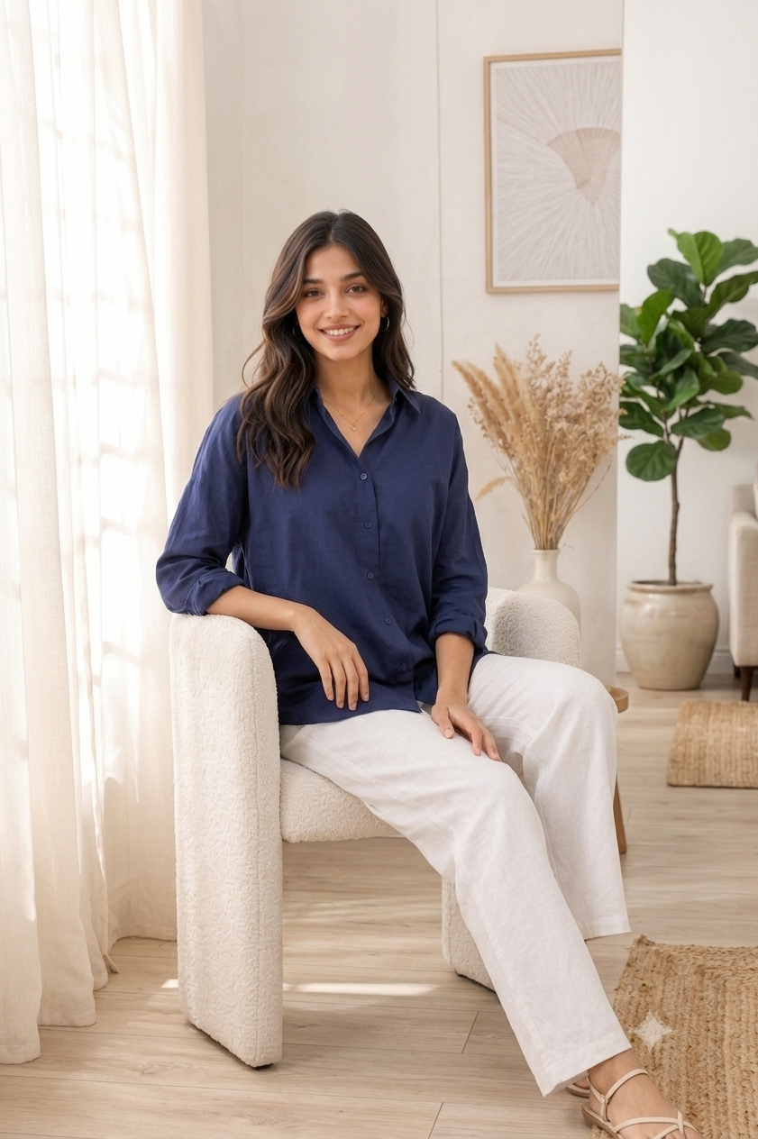 Dark Blue Linen Blend Shirt | Relaxed Loose Fit Full Sleeve Button-Down Casual Shirt
