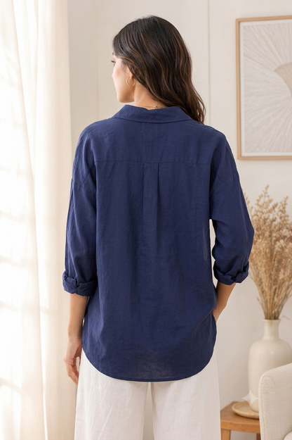 Dark Blue Linen Blend Shirt | Relaxed Loose Fit Full Sleeve Button-Down Casual Shirt