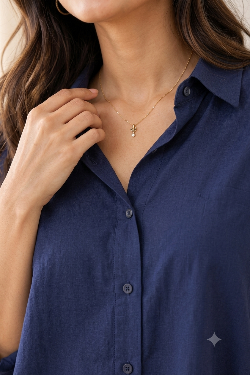 Dark Blue Linen Blend Shirt | Relaxed Loose Fit Full Sleeve Button-Down Casual Shirt