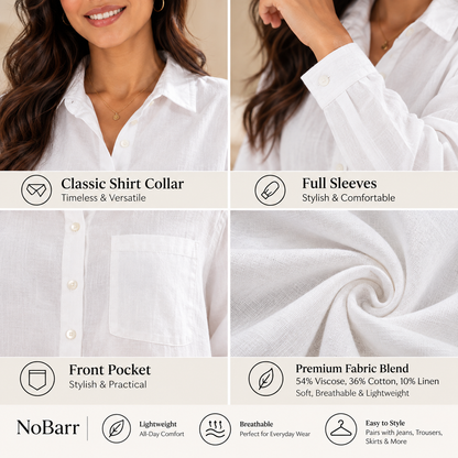 White Linen Blend Shirt | Relaxed Loose Fit Full Sleeve Button-Down Casual Shirt