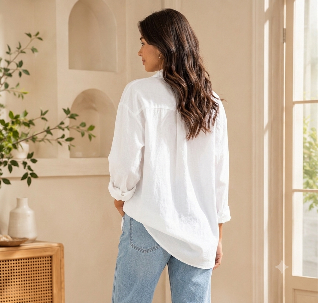 White Linen Blend Shirt | Relaxed Loose Fit Full Sleeve Button-Down Casual Shirt