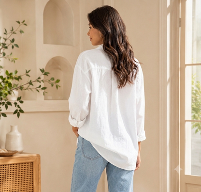 White Linen Blend Shirt | Relaxed Loose Fit Full Sleeve Button-Down Casual Shirt