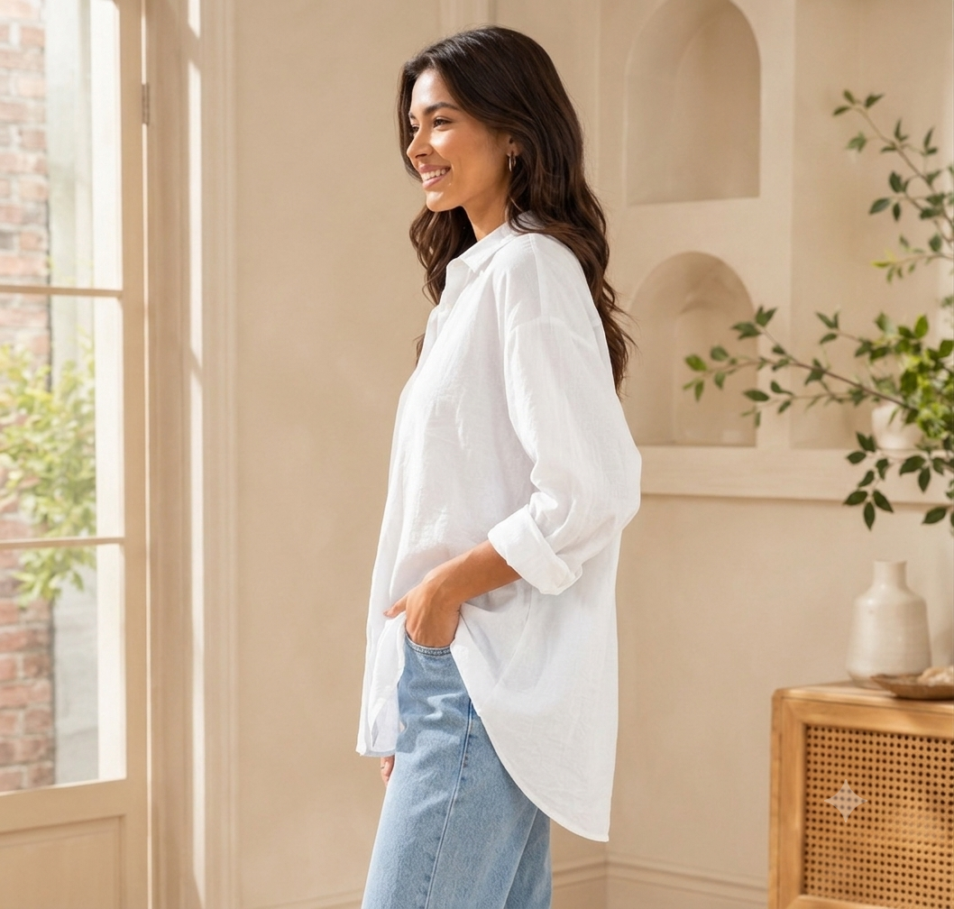White Linen Blend Shirt | Relaxed Loose Fit Full Sleeve Button-Down Casual Shirt
